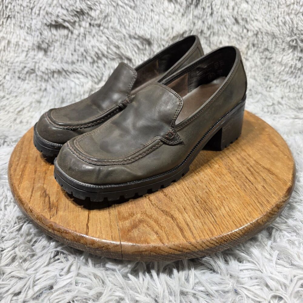 Predictions Loafer Slip On Retro Shoes Womens 8.5 Brown Faux Leather Chunky Heel